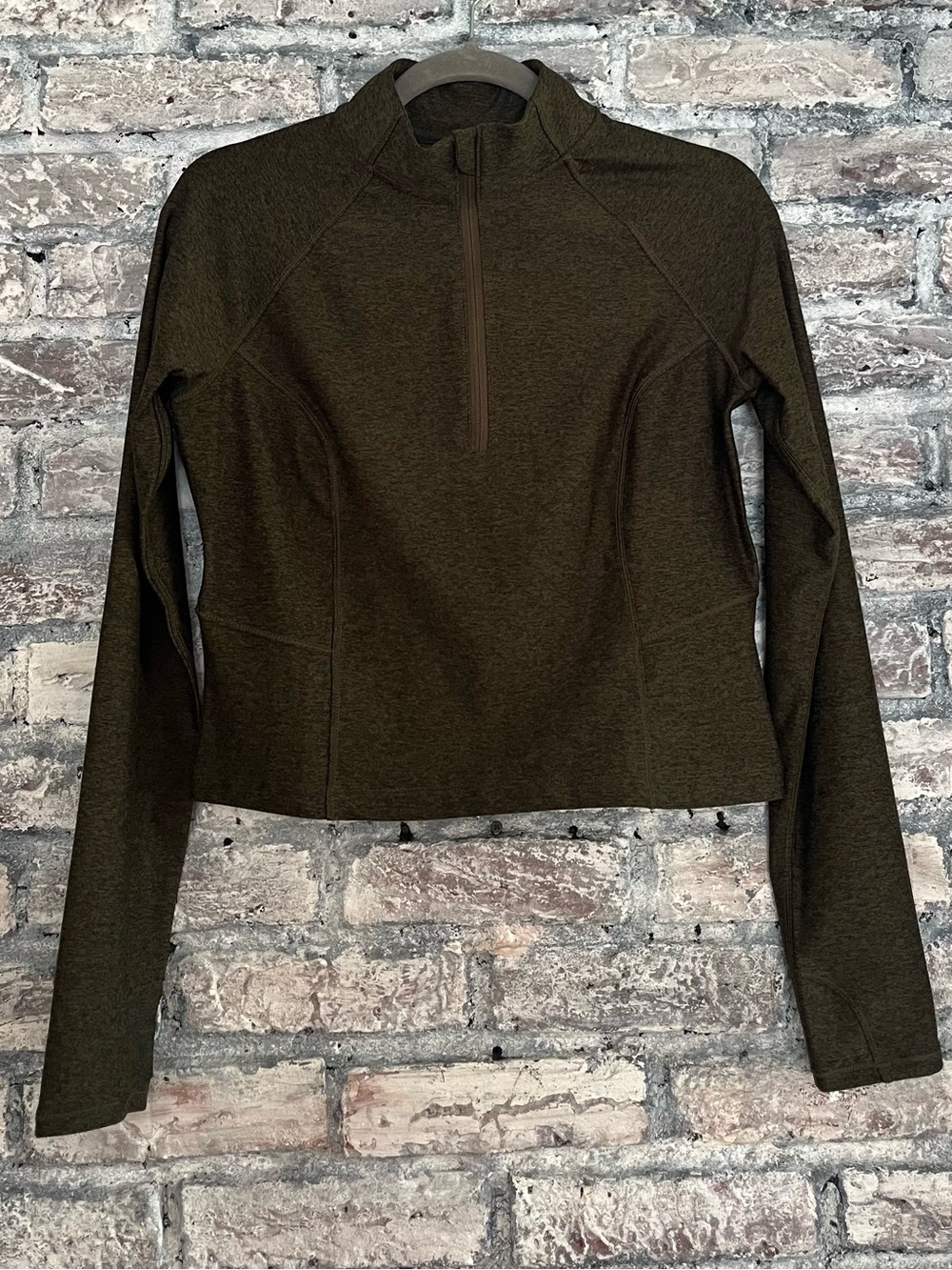 Cloud + Women's Olive Green Half-Zip Pullover slightly cropped top, thumb holes
